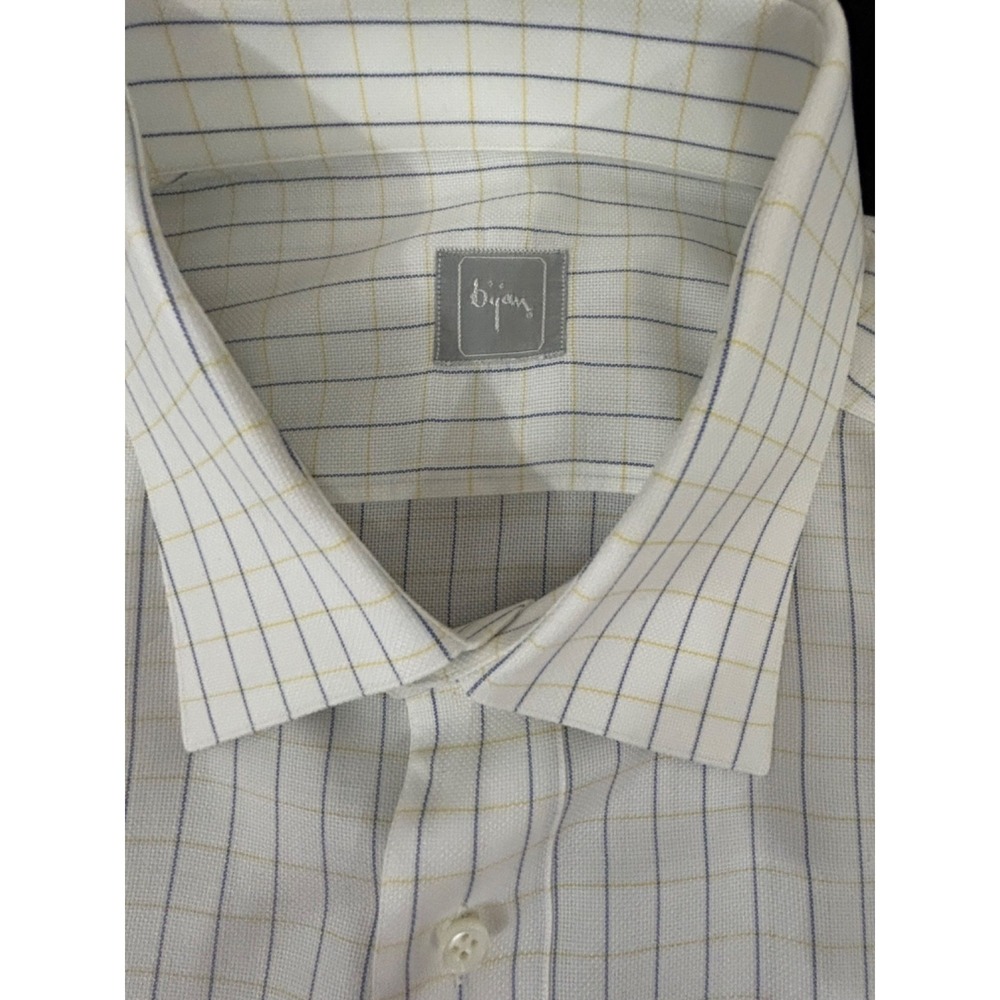 Bijan Mens Shirt White Yellow Gray Check Cotton 16.5/ Large Button Tuck Strap